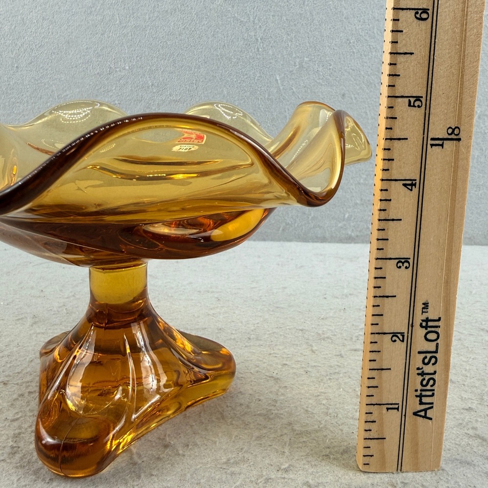 Viking Glass 7107 Amber Ruffled Hand Made Three Footed Compote Bowl MCM - Picture 6 of 7